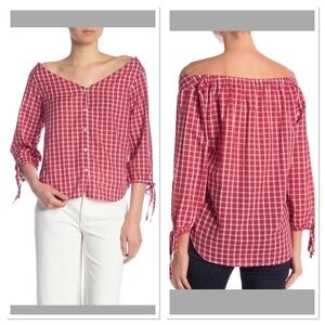 Madewell G7949 Marie tie cuff top red checked